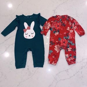 Set 2 Old Navy Toddler Girl’s Long Rompers- red floral and green bunny (12-18m)